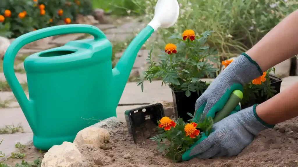 Growing marigold flowers