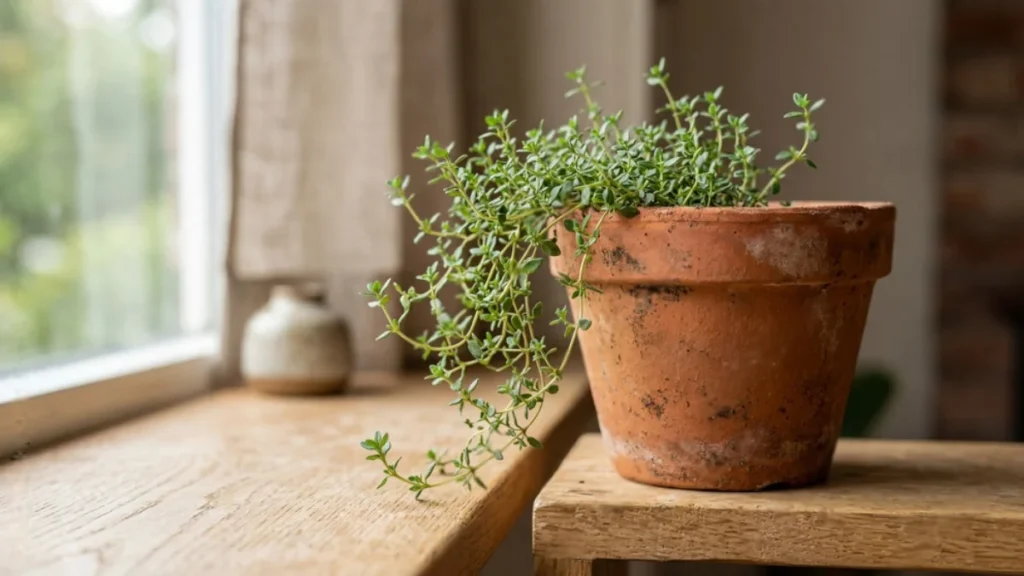 Growing thyme in pots on balcony