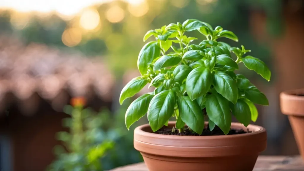 Tulsi plant growing in a pot